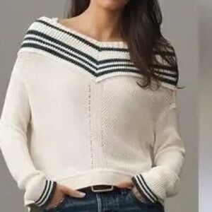 Off-the-Shoulder Cream Stripe Knit Sweater